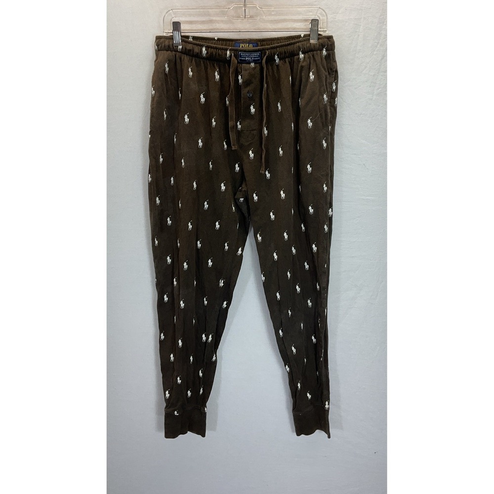 Polo Ralph Lauren Mens Pajama Jogger Pants Brown All Over Pony Logo Large L